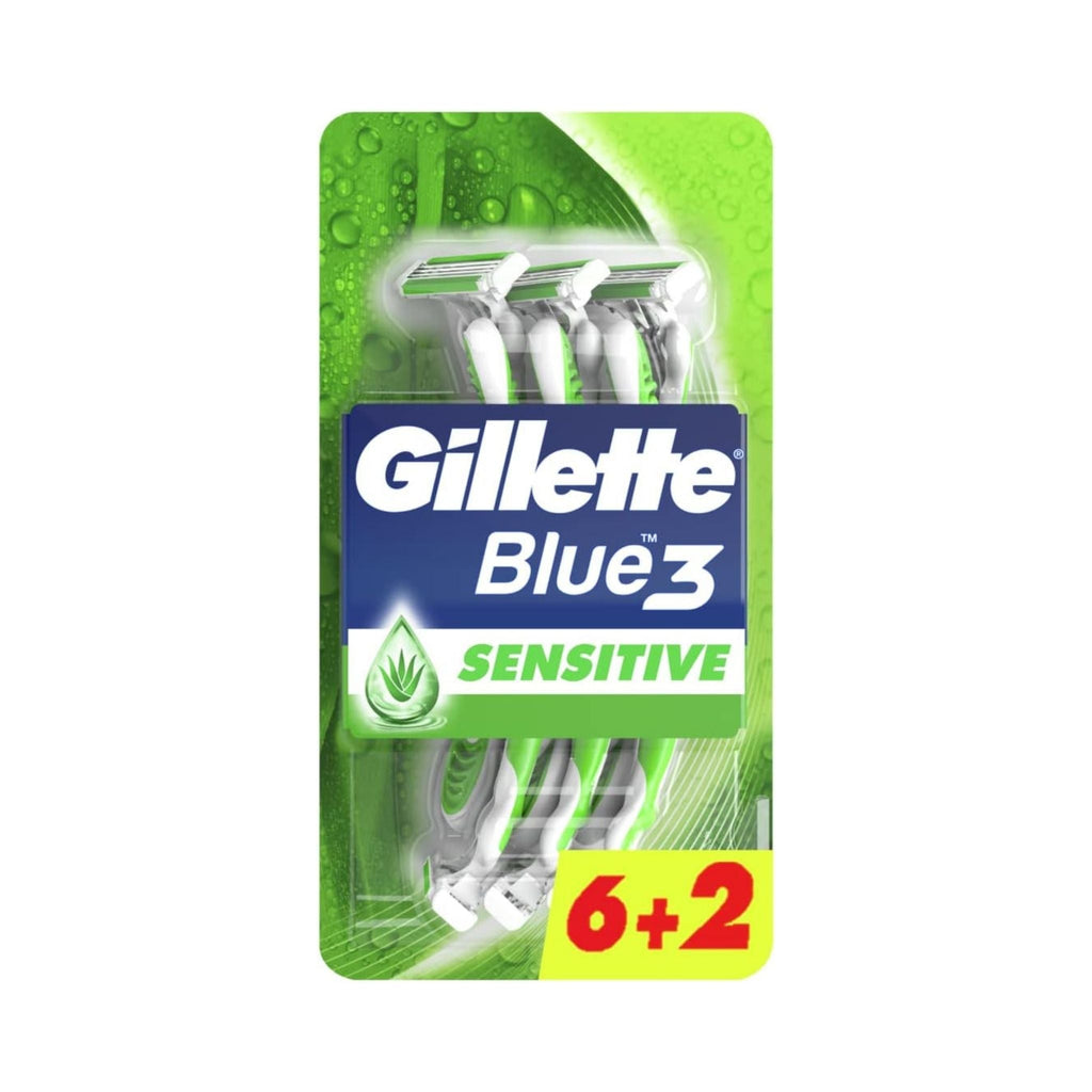 Refect Beauty Gillette Blue 3 Sensitive disposable razor value pack with 8 razors featuring 3 blades for smooth shaving