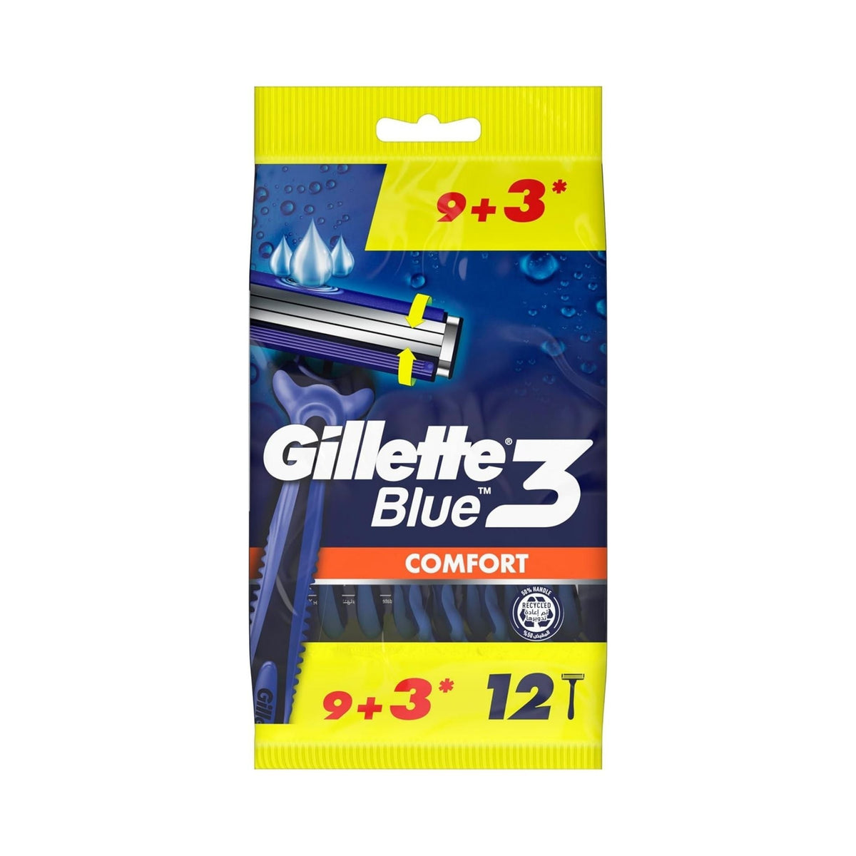 Refect Beauty Gillette Blue3 Comfort disposable razors in a 12-pack featuring triple blades and a lubricating strip.
