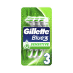 Refect Beauty Gillette Blue3 Sensitive disposable razors in green packaging with three triple-blade razors.