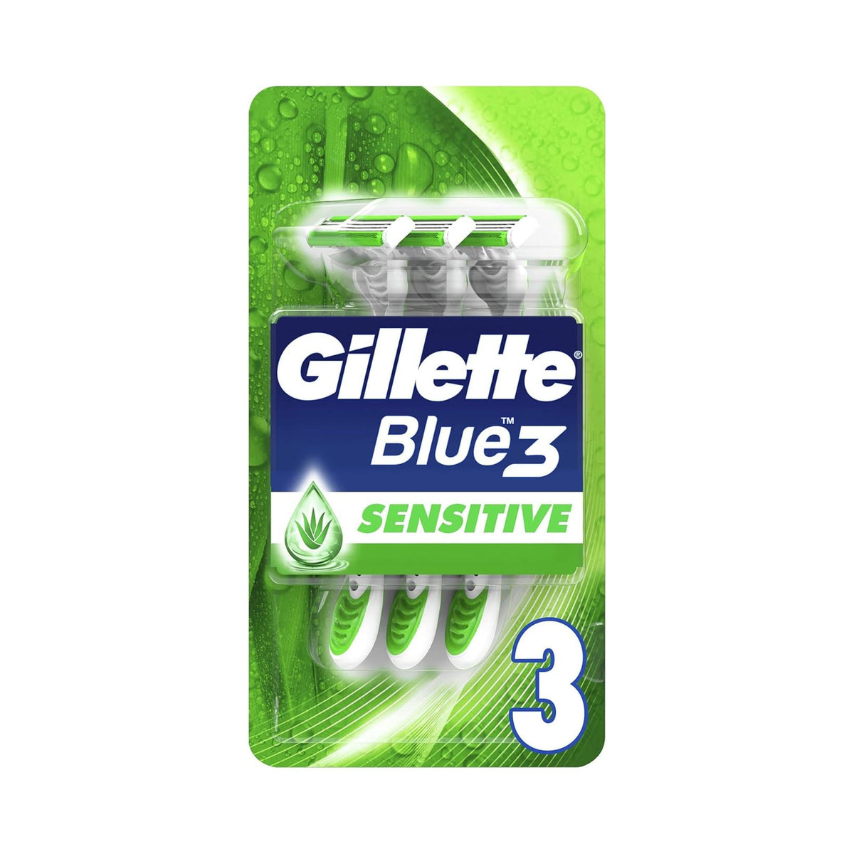 Refect Beauty Gillette Blue3 Sensitive disposable razors in green packaging with three triple-blade razors.