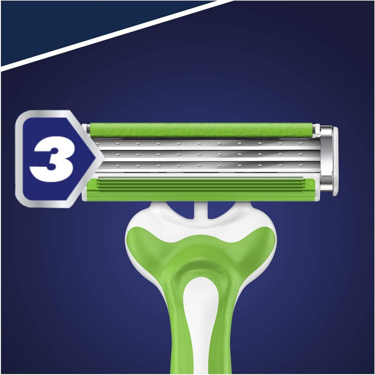 Refect Beauty Gillette Blue3 Sensitive disposable razor head featuring three stainless steel blades and green lubricating strips