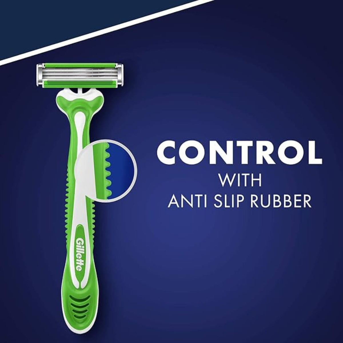 Refect Beauty Gillette Blue3 Sensitive disposable razor with green anti-slip rubber handle and triple blades