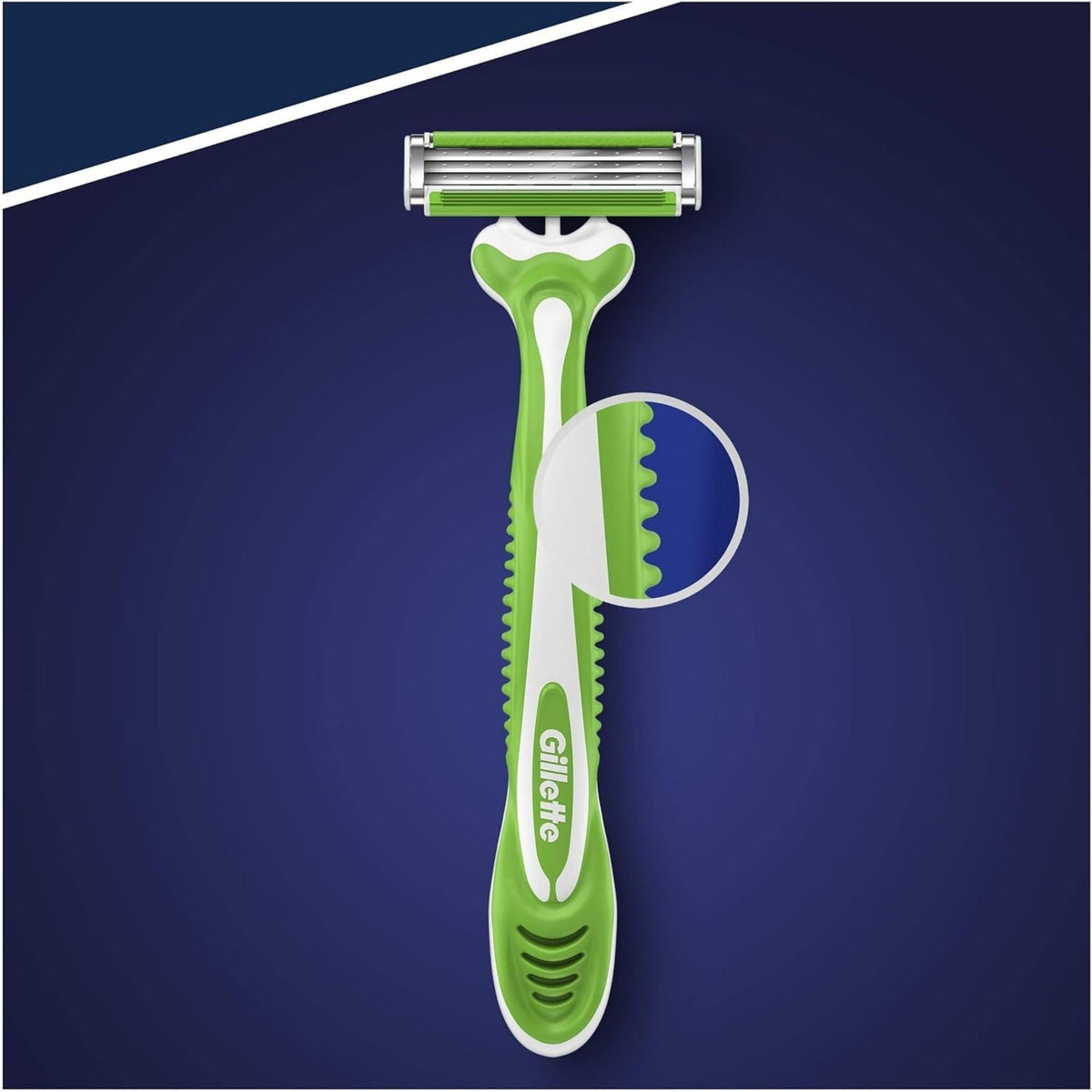 Refect Beauty Gillette Blue3 Sensitive disposable razor with triple blades, green plastic handle, and lubricating strip.
