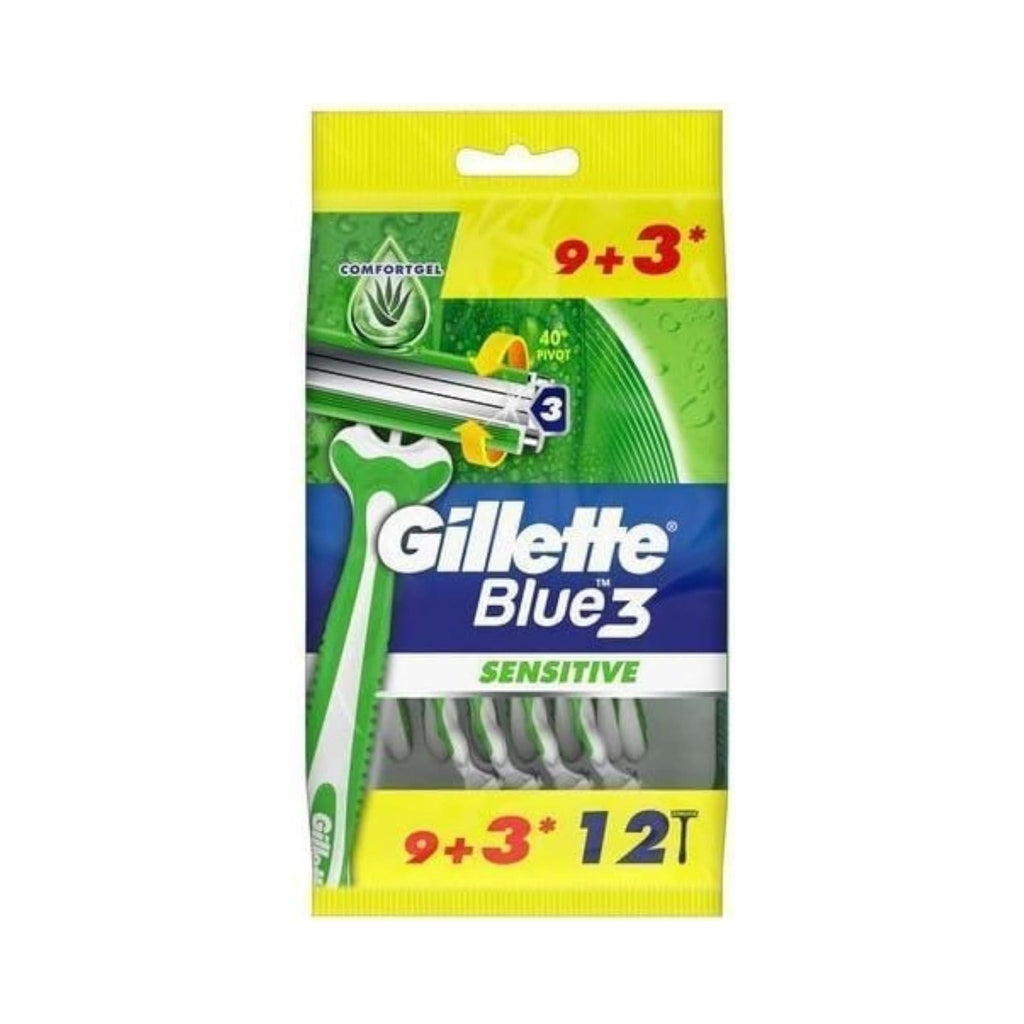 Refect Beauty Gillette Blue3 Sensitive disposable razors in green and white packaging with 12 count bonus pack