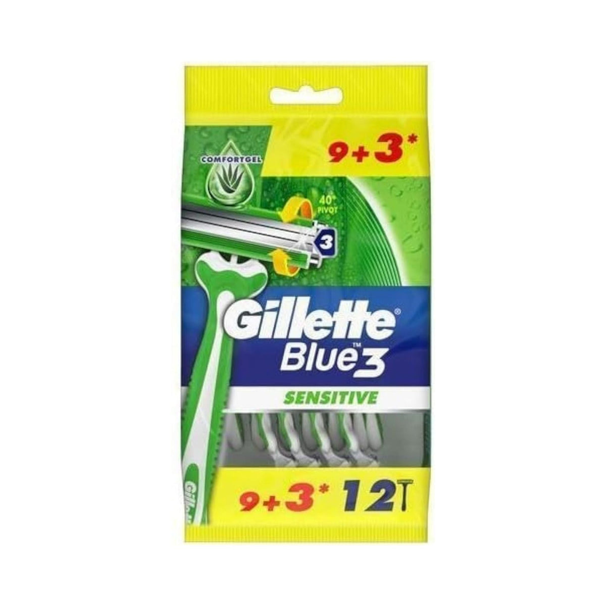 Refect Beauty Gillette Blue3 Sensitive disposable razors in green and white packaging with 12 count bonus pack