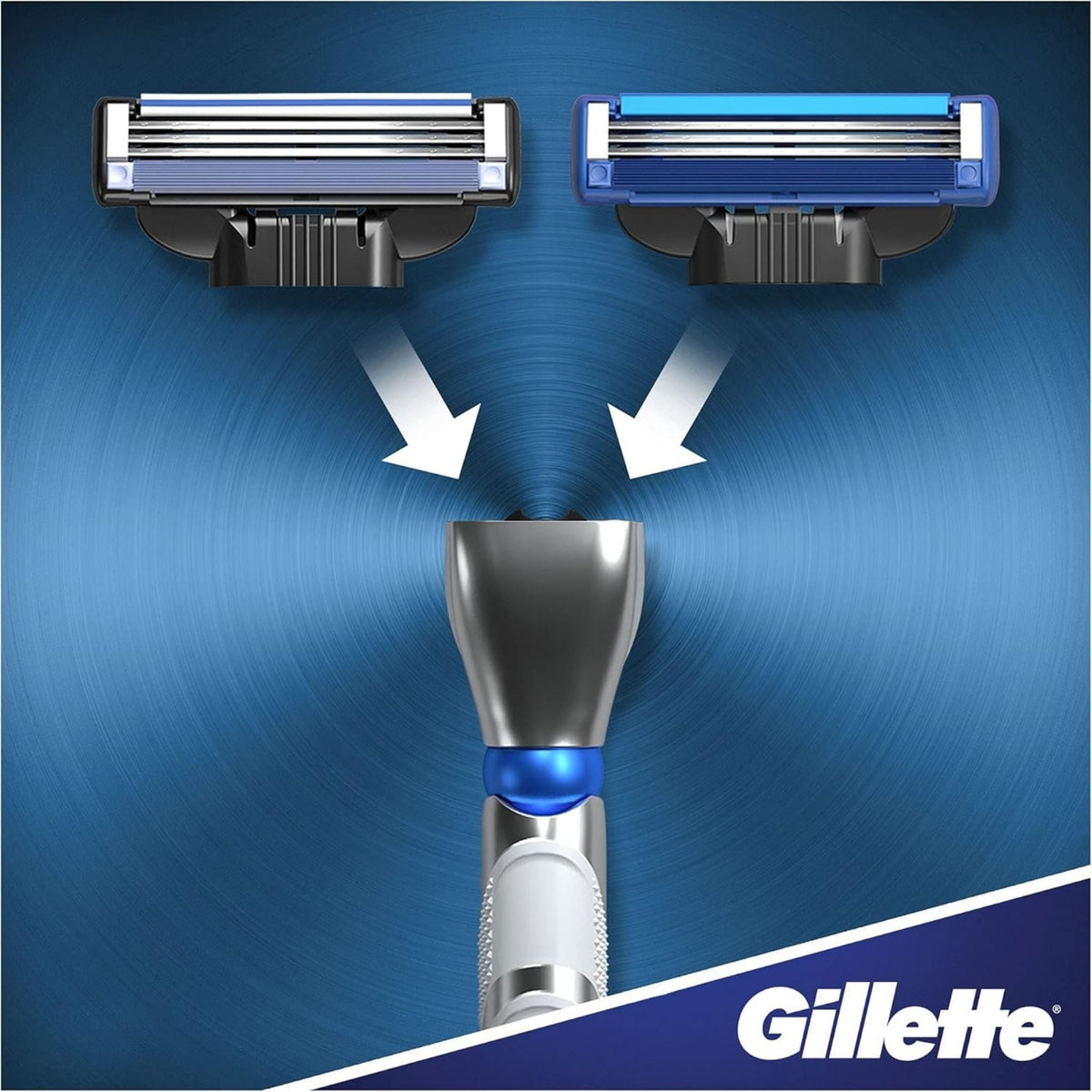 Refect Beauty Gillette Mach3 Turbo razor handle showing interchangeable blade head mechanism on a blue background