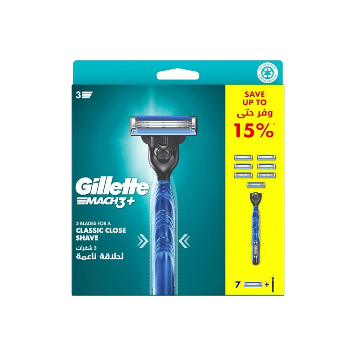 Refect Beauty Gillette Mach3+ razor handle with 7 blade refills in blue and black packaging for a close shave