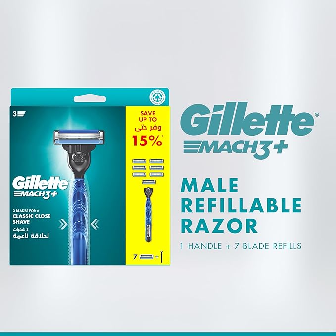 Refect Beauty Gillette Mach3+ razor set with one ergonomic blue handle and seven stainless steel blade refills.