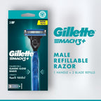 Refect Beauty Gillette Mach3 razor set with one handle and two blade refills in blue packaging