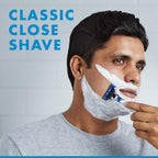 Refect Beauty Gillette Mach3 Turbo 3D razor shaving a man's face covered in white foam for a smooth, close shave.