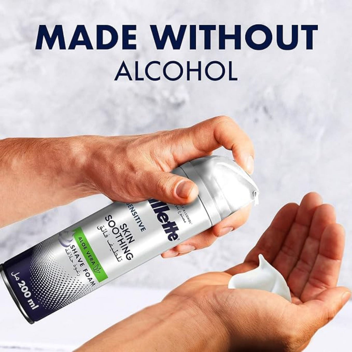 Refect Beauty Gillette Sensitive shaving foam being dispensed into a hand, featuring aloe vera for soothing skin.