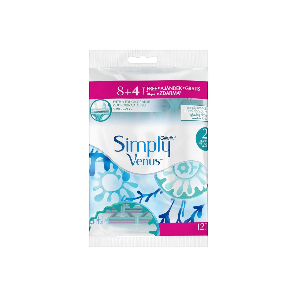 Refect Beauty Gillette Simply Venus disposable razors for women with 2 blades and aloe lubrication strip in 12 pack