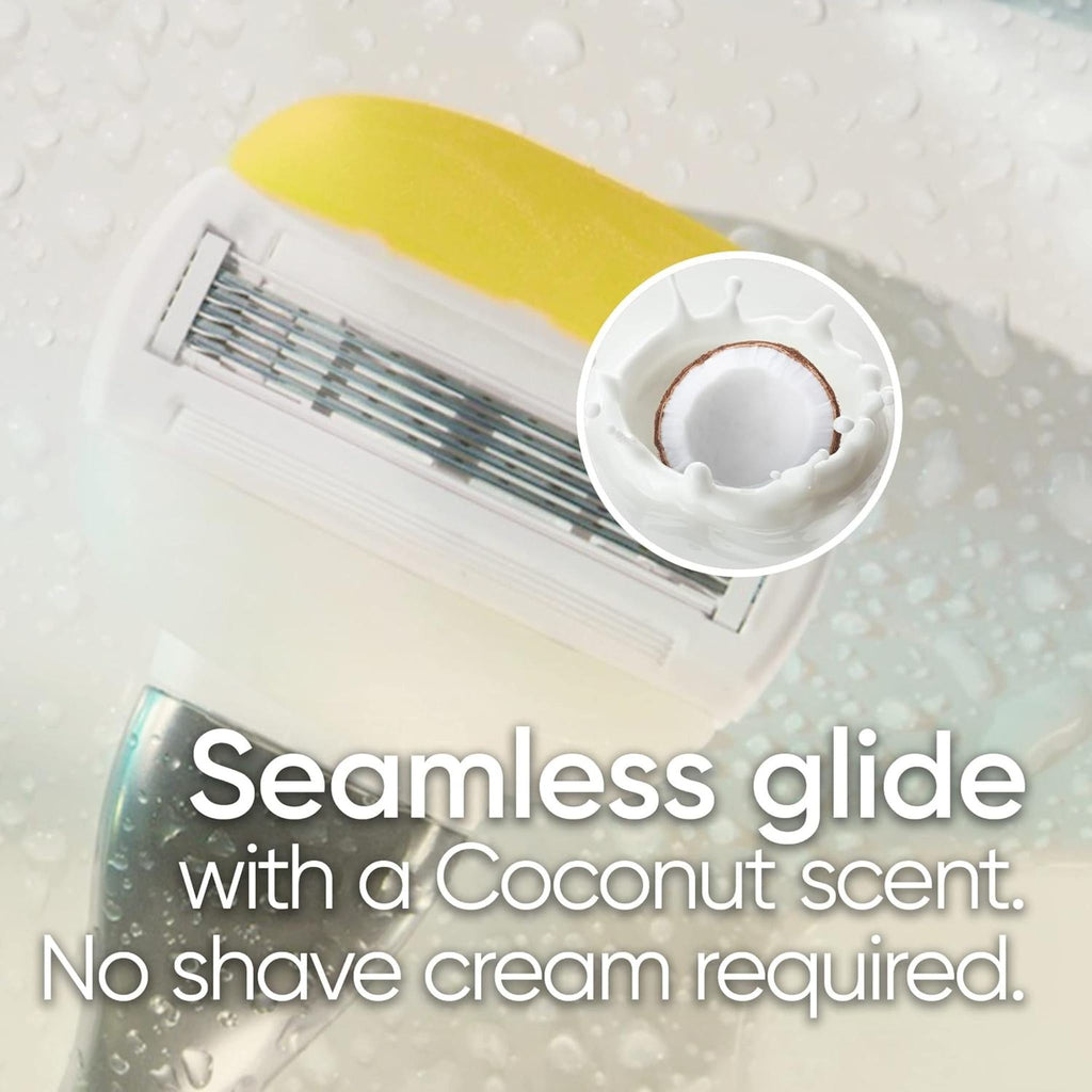 Refect Beauty Gillette Venus Comfort Glide razor head with 5 blades, yellow moisture bars, and coconut scent imagery.