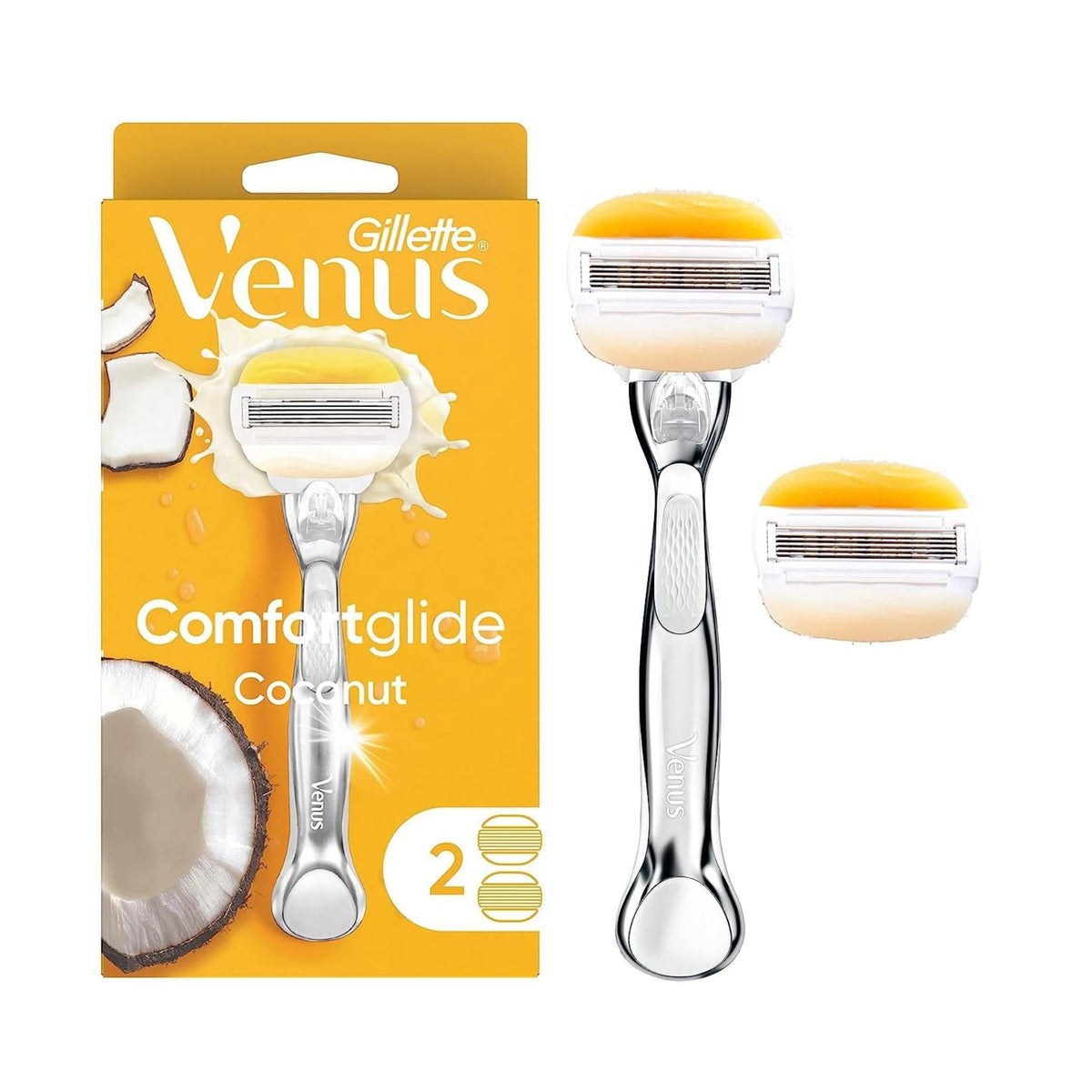 Refect Beauty Gillette Venus Comfort Glide Coconut razor with 5 blades and Olay moisture bars for a smooth shave.