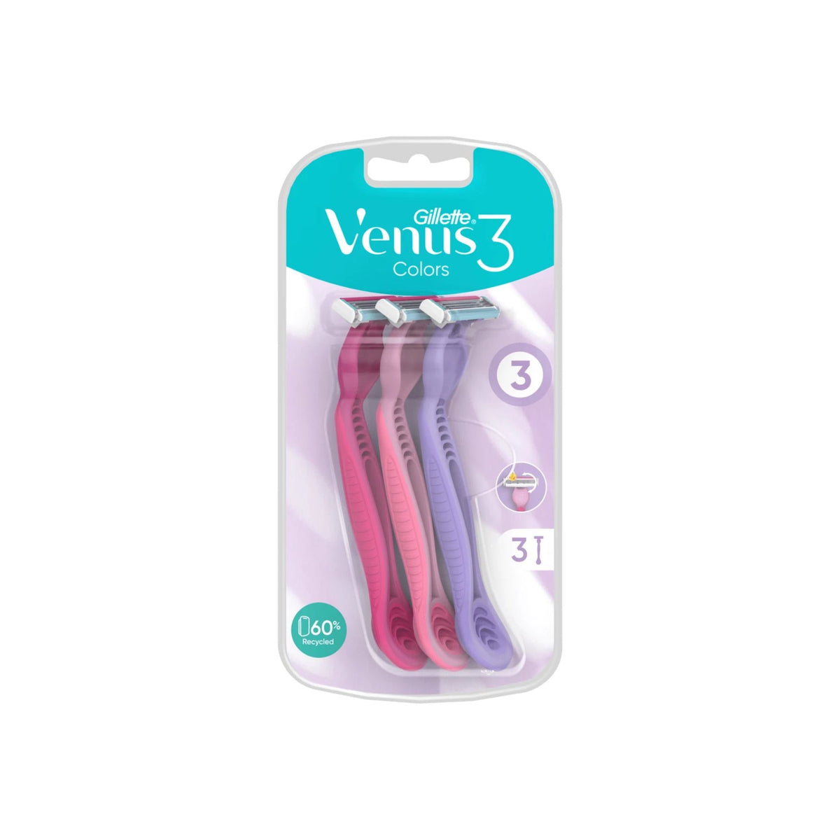 Refect Beauty Gillette Venus 3 Plus disposable razors in pink, magenta, and purple with 3-blade pivoting heads.