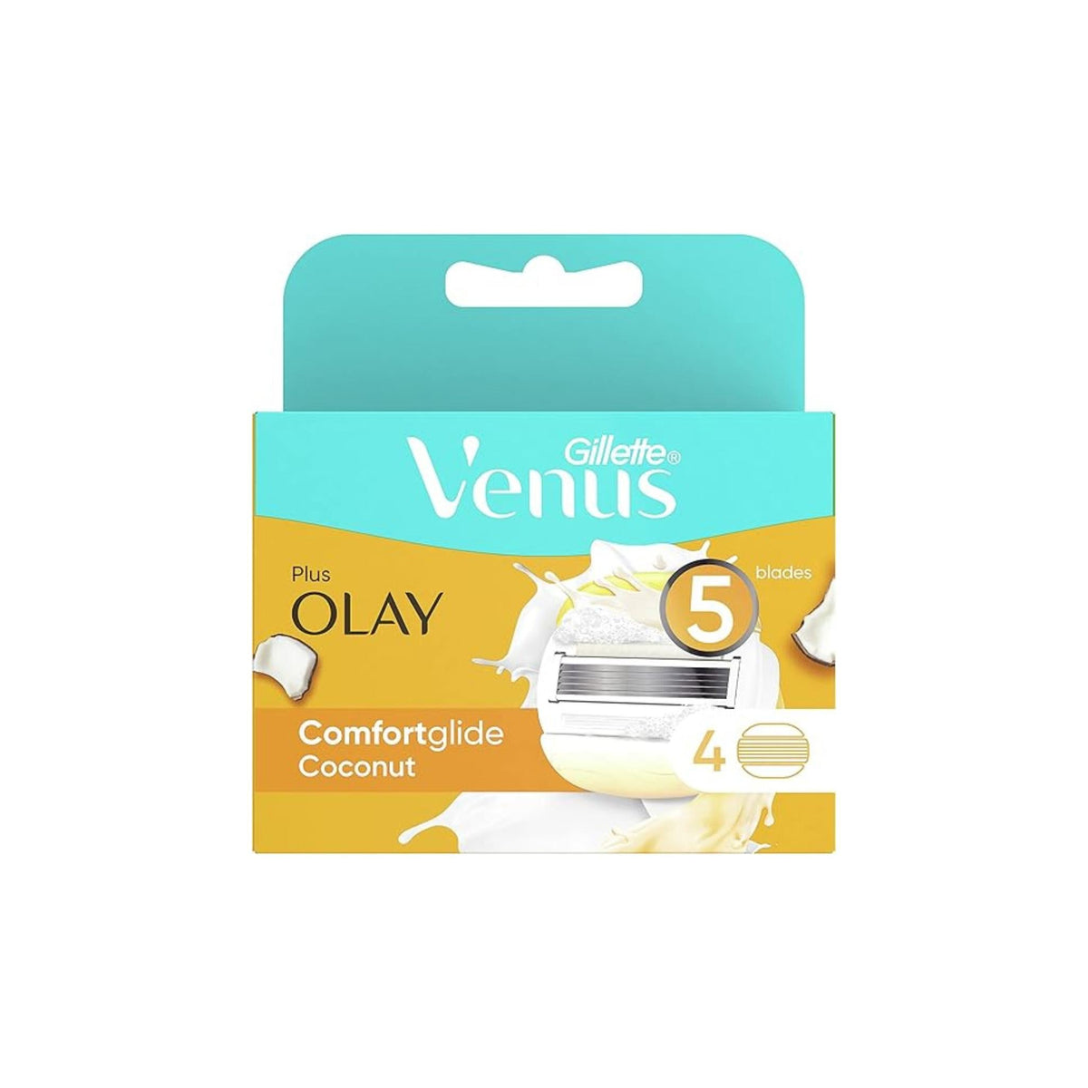 Refect Beauty Gillette Venus Olay Comfortglide 5-blade razor refill pack with coconut scent and moisturizing gel bars.
