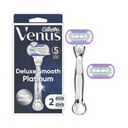 Refect Beauty Gillette Venus Deluxe Smooth Platinum razor with 5 blades, metal handle, and 2 refills in packaging.