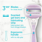 Refect Beauty Gillette Venus Comfort Glide Breeze razor showing 3 blades, scented gel bars, and ergonomic handle.