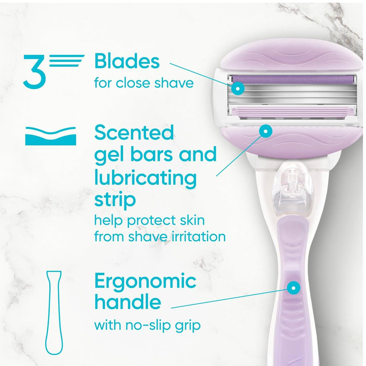 Refect Beauty Gillette Venus Comfort Glide Breeze razor showing 3 blades, scented gel bars, and ergonomic handle.