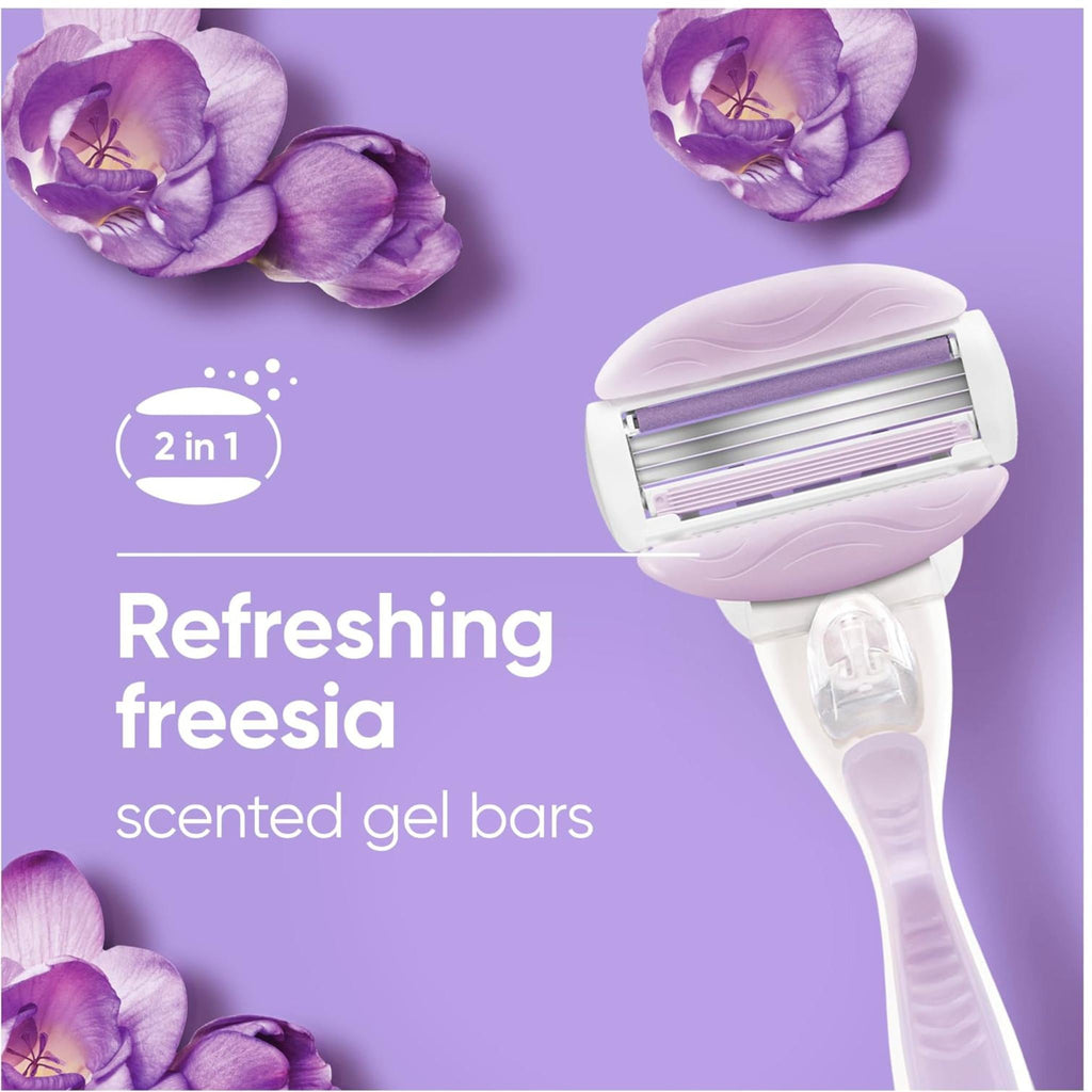 Refect Beauty Gillette Venus Comfort Glide Breeze razor with purple freesia scented gel bars on a purple background