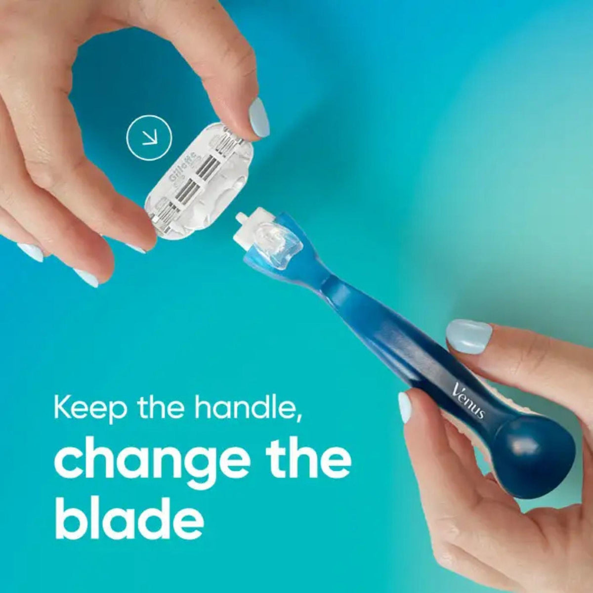 Refect Beauty Gillette Venus razor handle with a replaceable three-blade cartridge being attached by hands