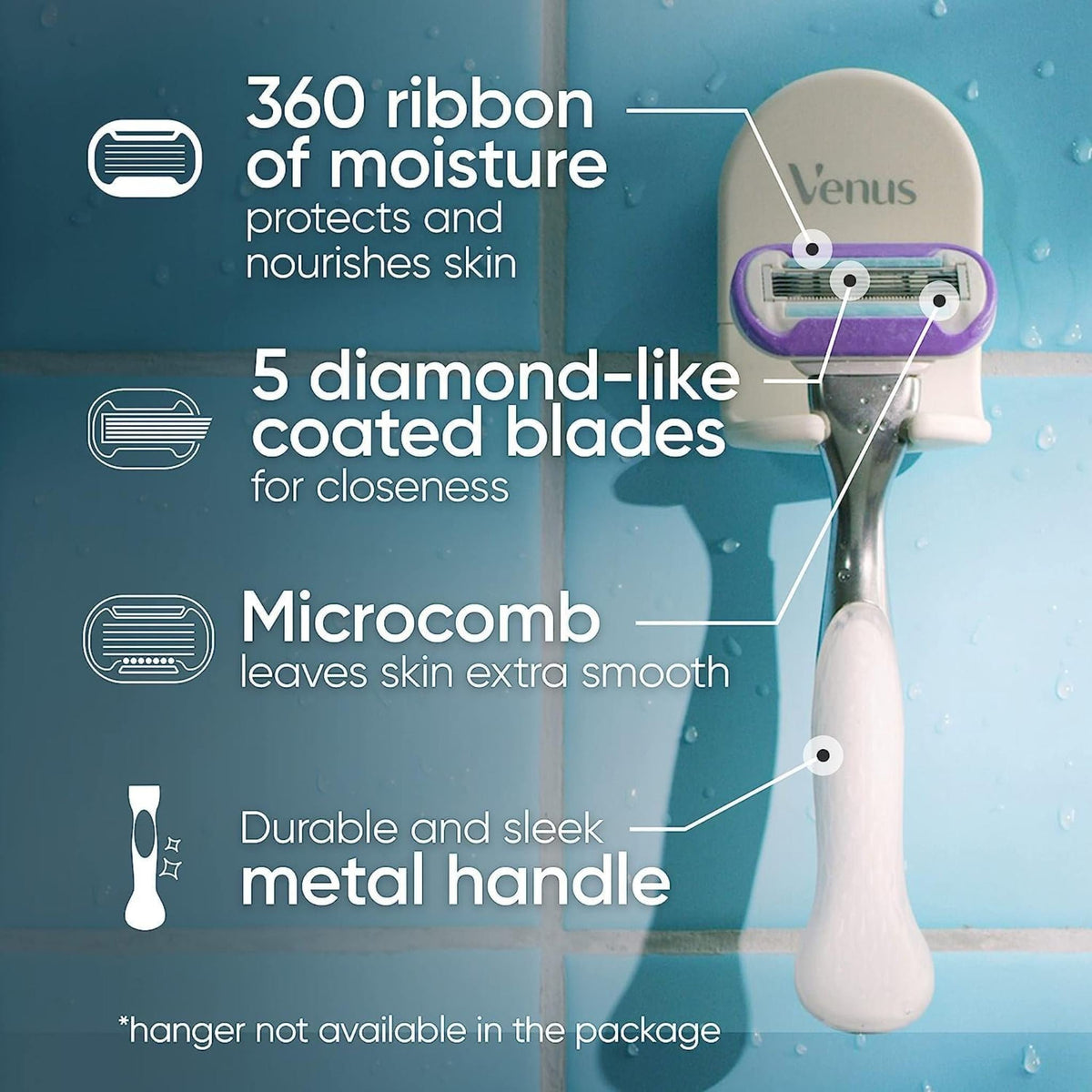 Refect Beauty Gillette Venus Deluxe 5 blade razor with metal handle and moisture ribbon on a blue tiled wall