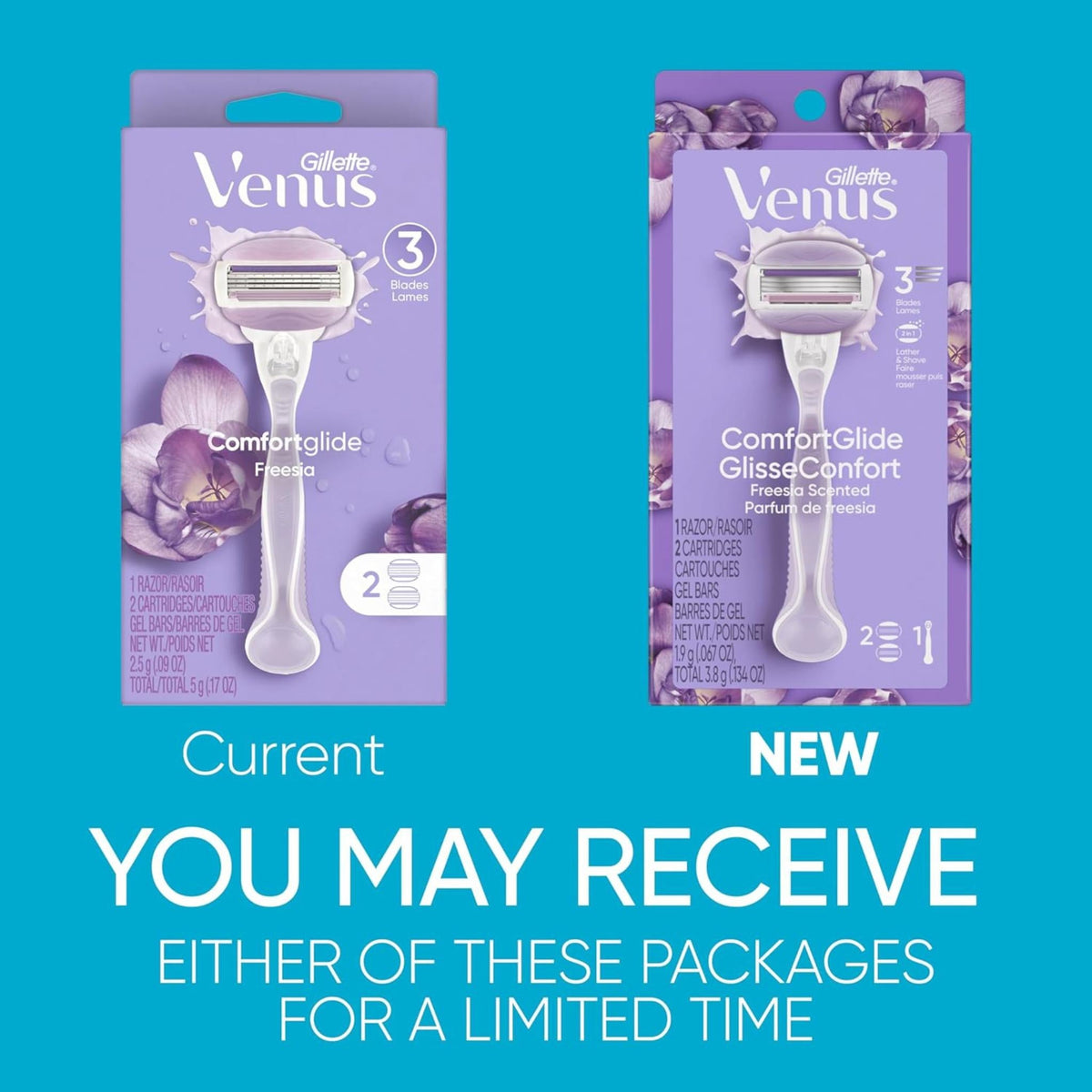 Refect Beauty Gillette Venus Comfort Glide Breeze razor packaging showing two different design versions for women