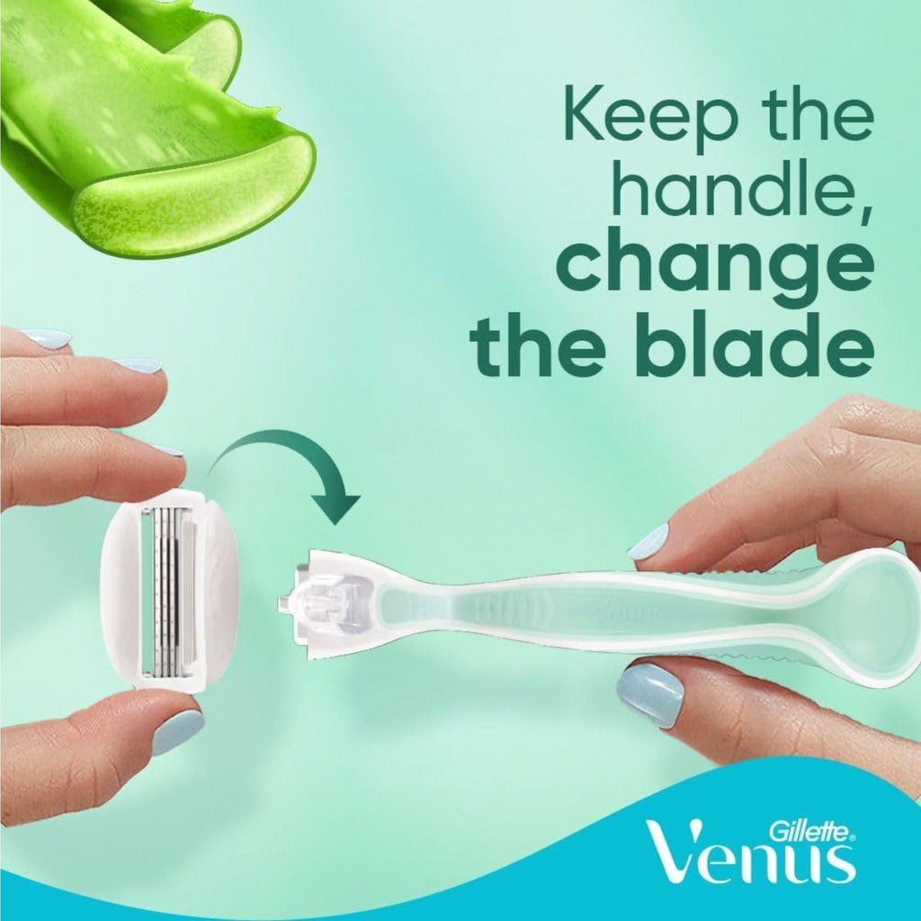 Refect Beauty Gillette Venus Comfortglide Sensitive razor handle and replacement blade cartridge being attached