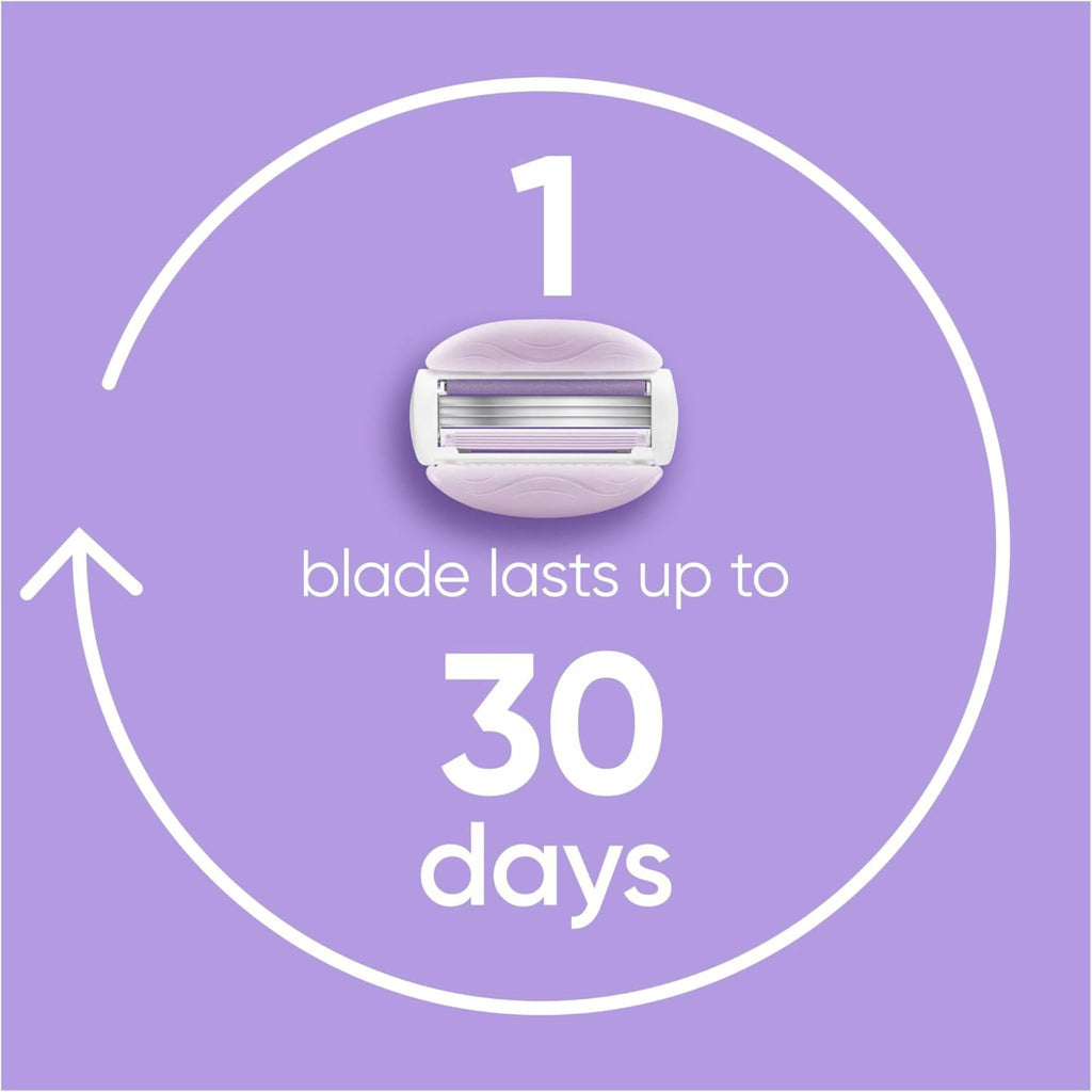 Refect Beauty Gillette Venus Comfort Glide Breeze razor blade refill with integrated gel bars on a purple background