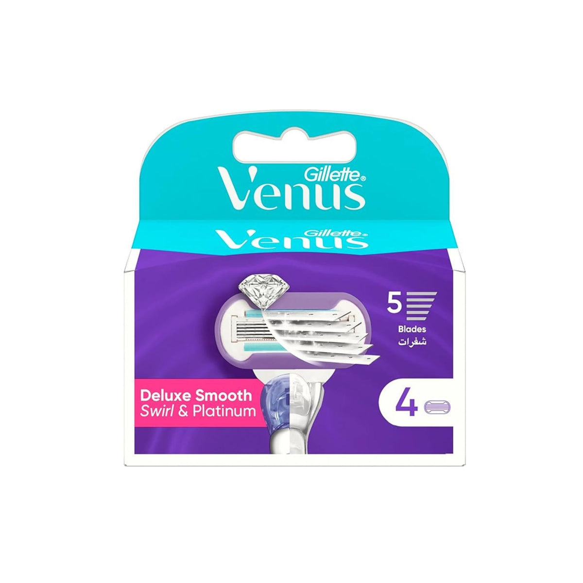 Refect Beauty Gillette Venus Deluxe Smooth Swirl razor blade refills in purple packaging with 5 diamond-coated blades