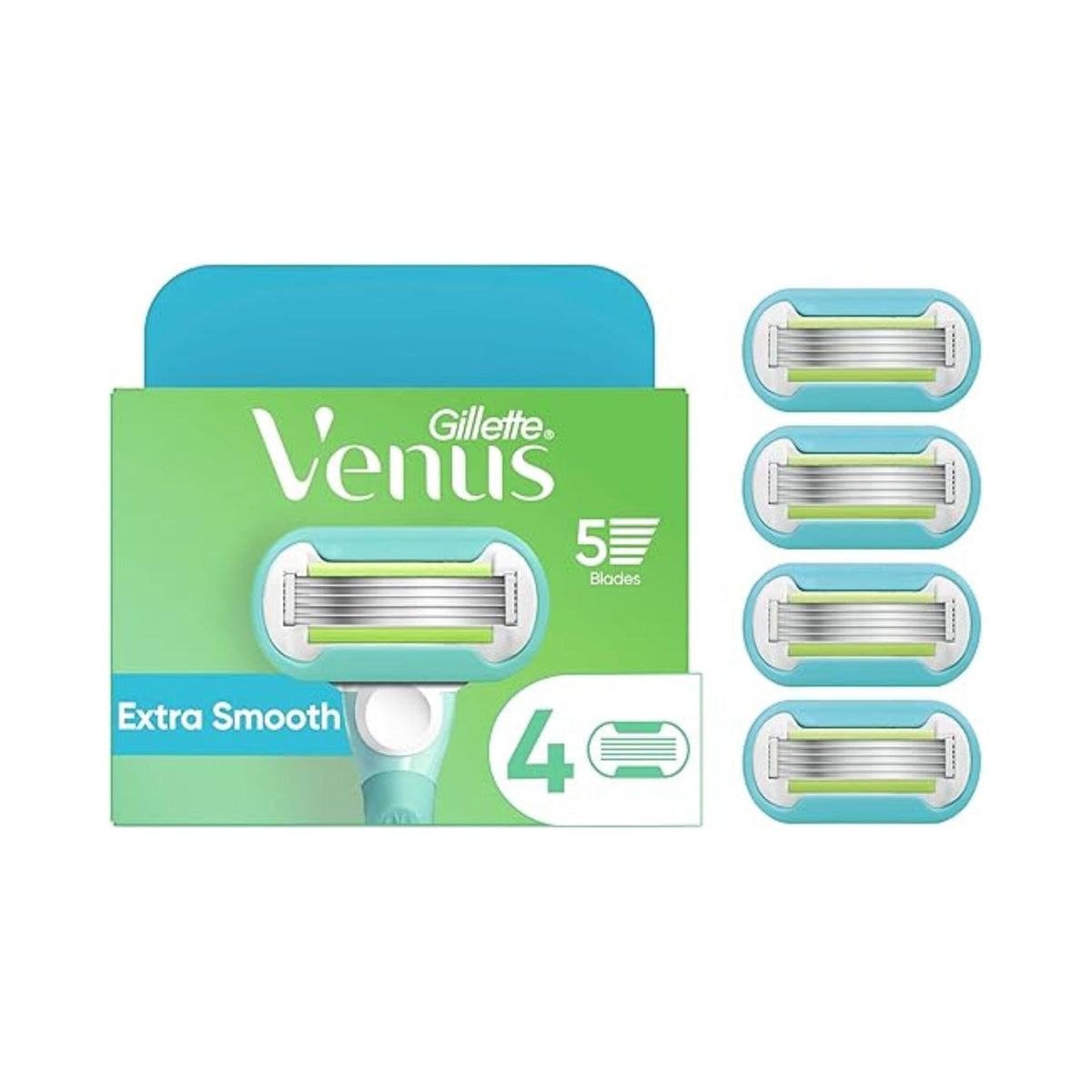 Refect Beauty Gillette Venus Extra Smooth razor blade refills pack with 5 diamond-coated blades and moisture ribbon.