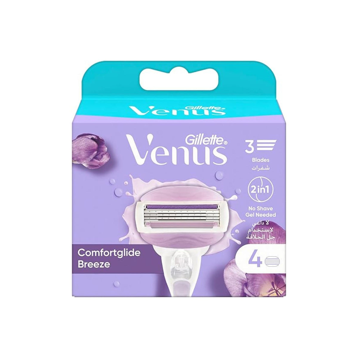 Refect Beauty Gillette Venus Comfortglide Breeze 4-pack razor blade refills with built-in shave gel bars in purple box