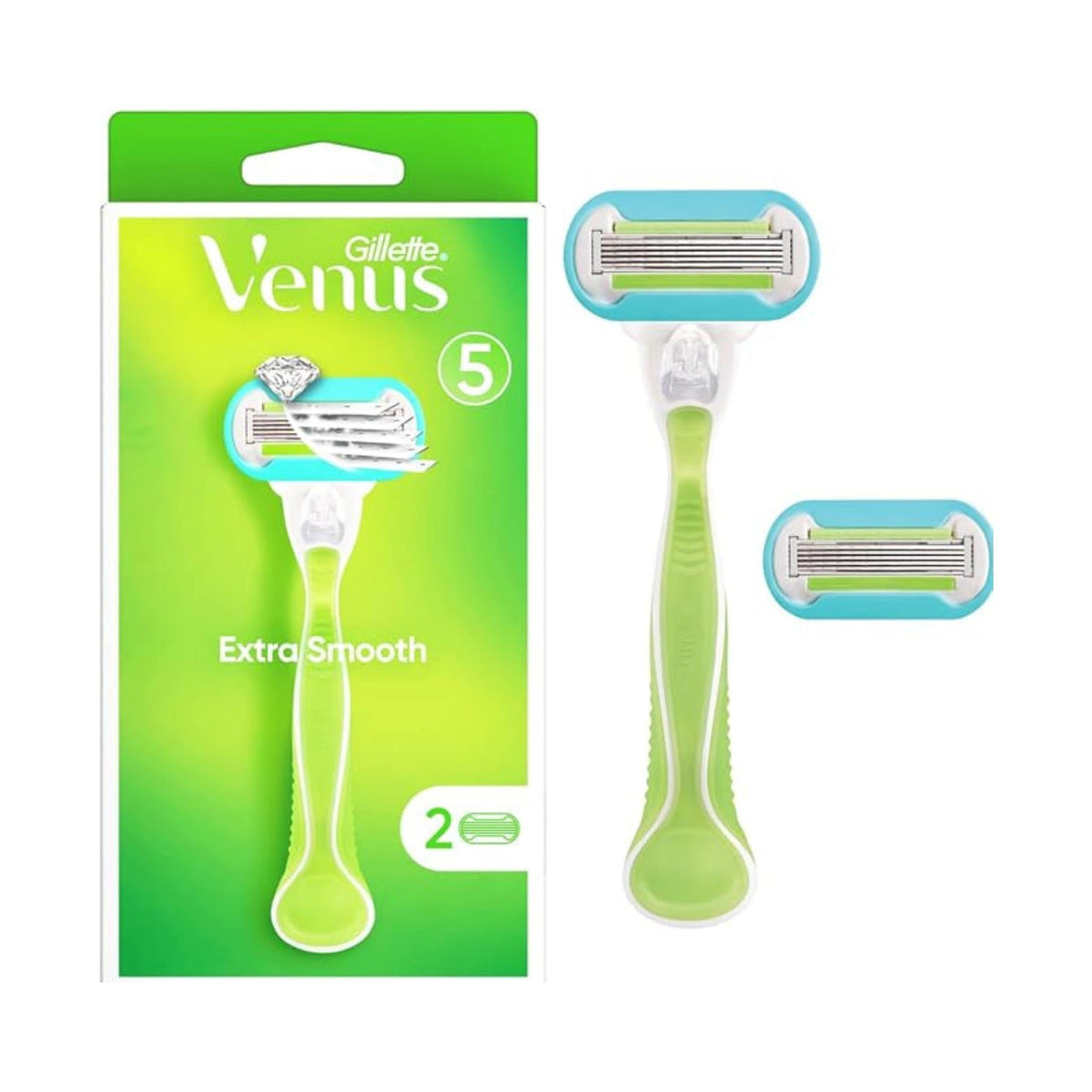 Refect Beauty Gillette Venus Extra Smooth razor with 5 blades, ergonomic green handle, and two refill cartridges.