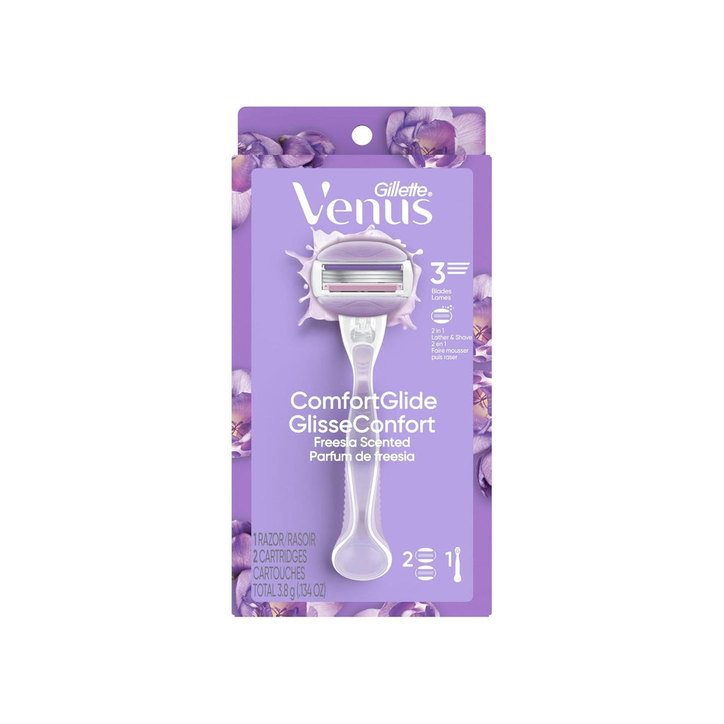 Refect Beauty Gillette Venus Comfort Glide Breeze razor with 3 blades and integrated shave gel bars in purple packaging