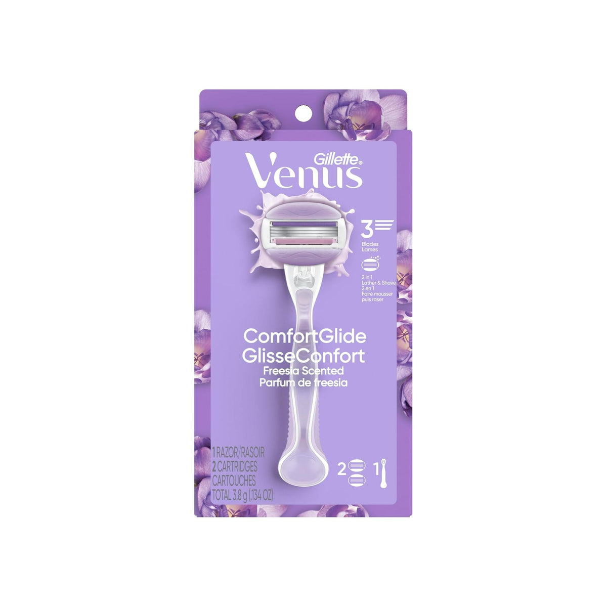 Refect Beauty Gillette Venus Comfort Glide Breeze razor with 3 blades and integrated shave gel bars in purple packaging