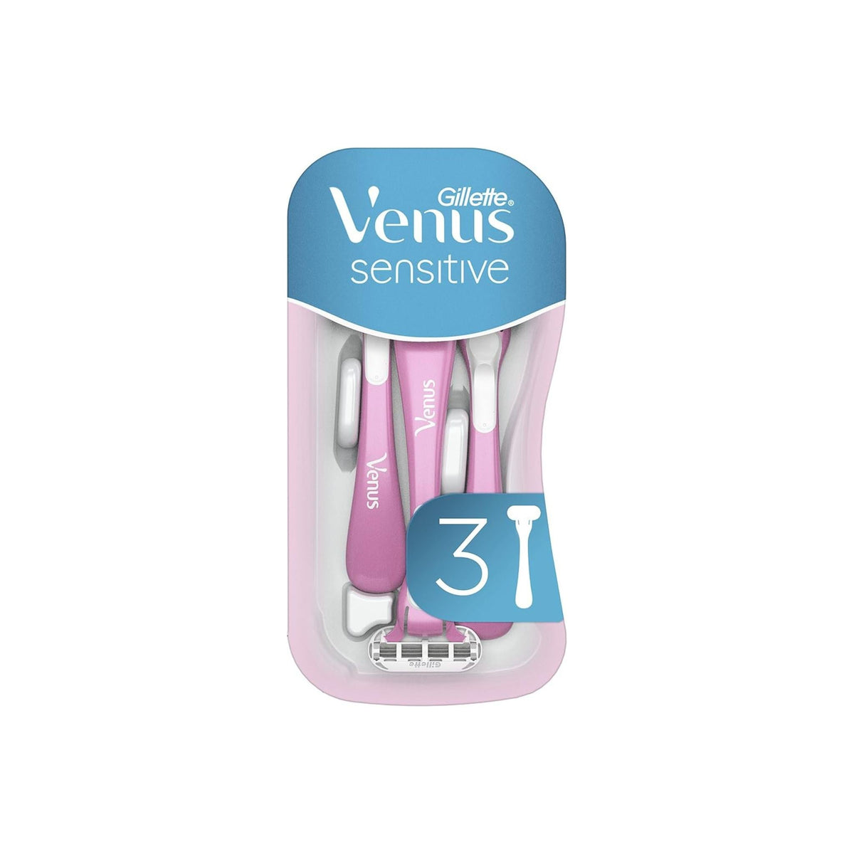 Refect Beauty Gillette Venus Sensitive disposable razors for women featuring three pink ergonomic handles and blades.