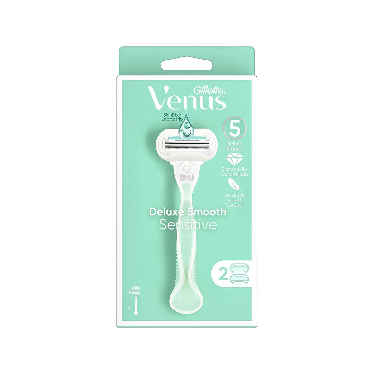 Refect Beauty Gillette Venus Deluxe Smooth 5 Sensitive razor in mint green packaging with two blade refills included