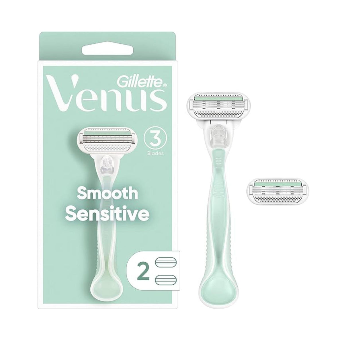 Refect Beauty Gillette Venus Smooth Sensitive razor with 3 blades and 2 refills in light green packaging