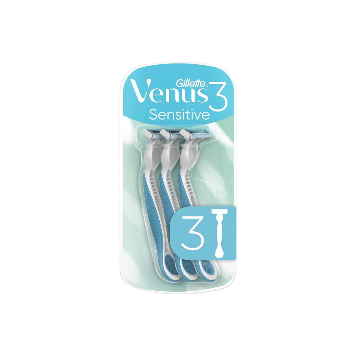 Refect Beauty Gillette Venus 3 Sensitive disposable razors in a 3-pack with ergonomic blue and white handles