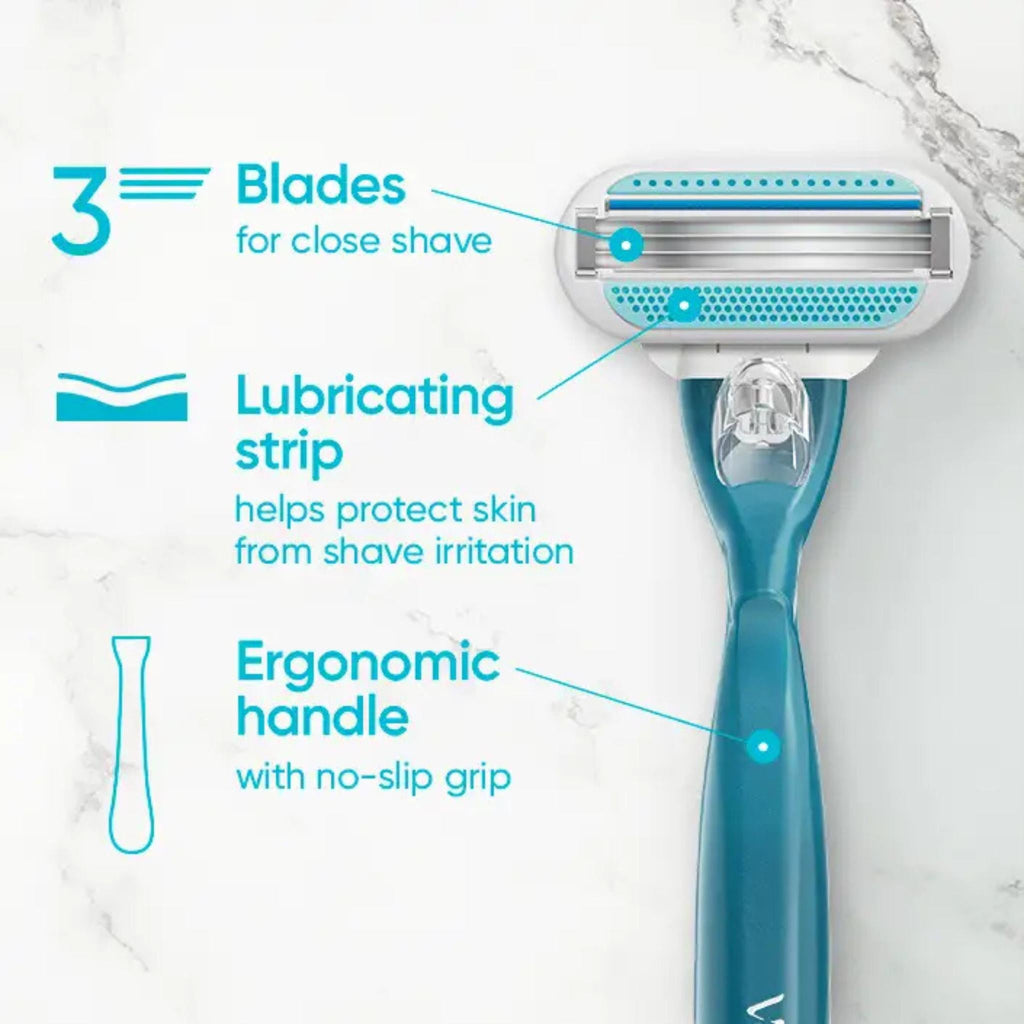 Refect Beauty Gillette Venus Smooth razor with 3 blades, lubricating strip, and ergonomic teal handle on marble base.