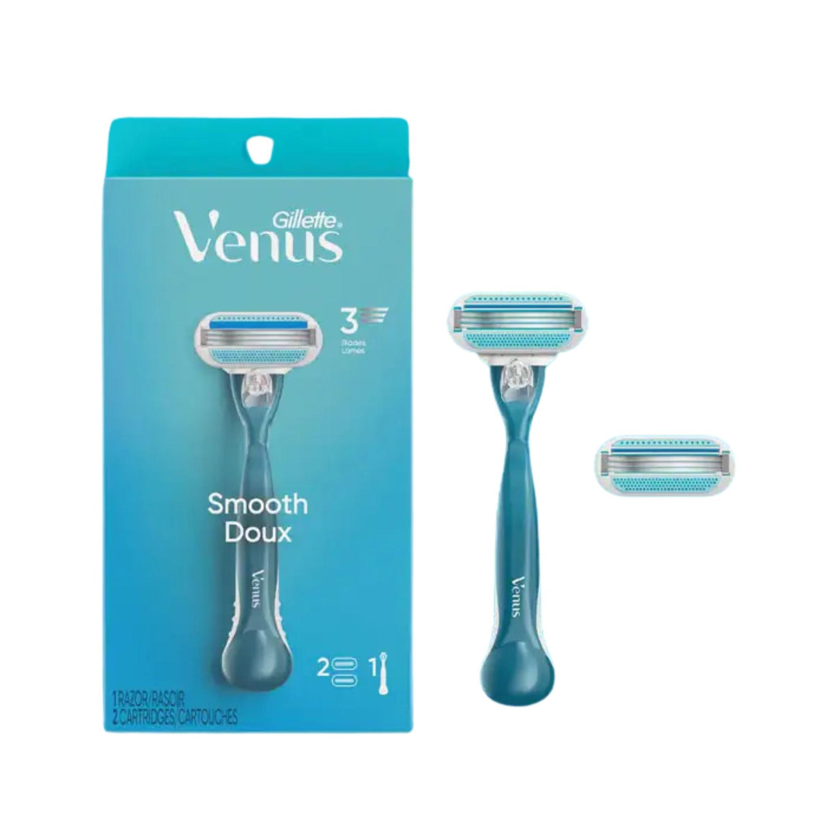 Refect Beauty Gillette Venus Smooth women's razor with ergonomic handle and two 3-blade cartridges in blue packaging