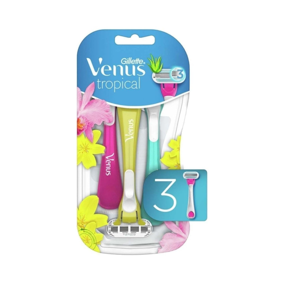 Refect Beauty pack of three Gillette Venus Tropical disposable razors with colourful handles and triple blades