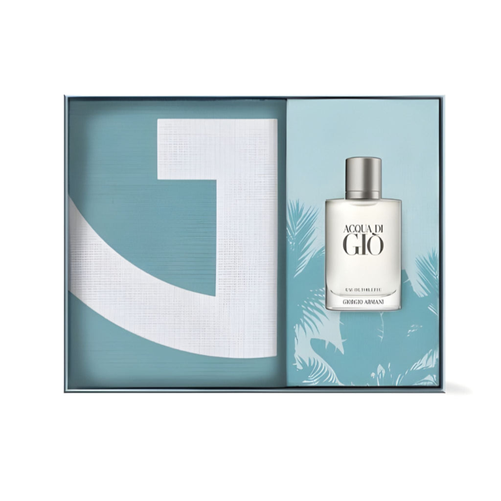 Refect Beauty Giorgio Armani Acqua Di Gio gift set featuring a 100ml eau de toilette bottle and a branded towel.