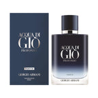 Refect Beauty Giorgio Armani Acqua Di Gio Profondo Parfum bottle and box in deep blue gradient packaging.