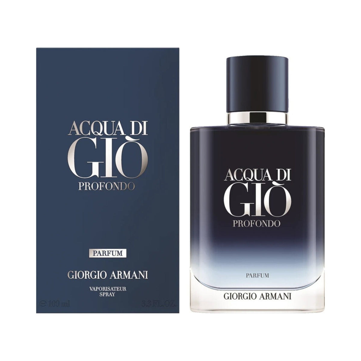 Refect Beauty Giorgio Armani Acqua Di Gio Profondo Parfum bottle and box in deep blue gradient packaging.