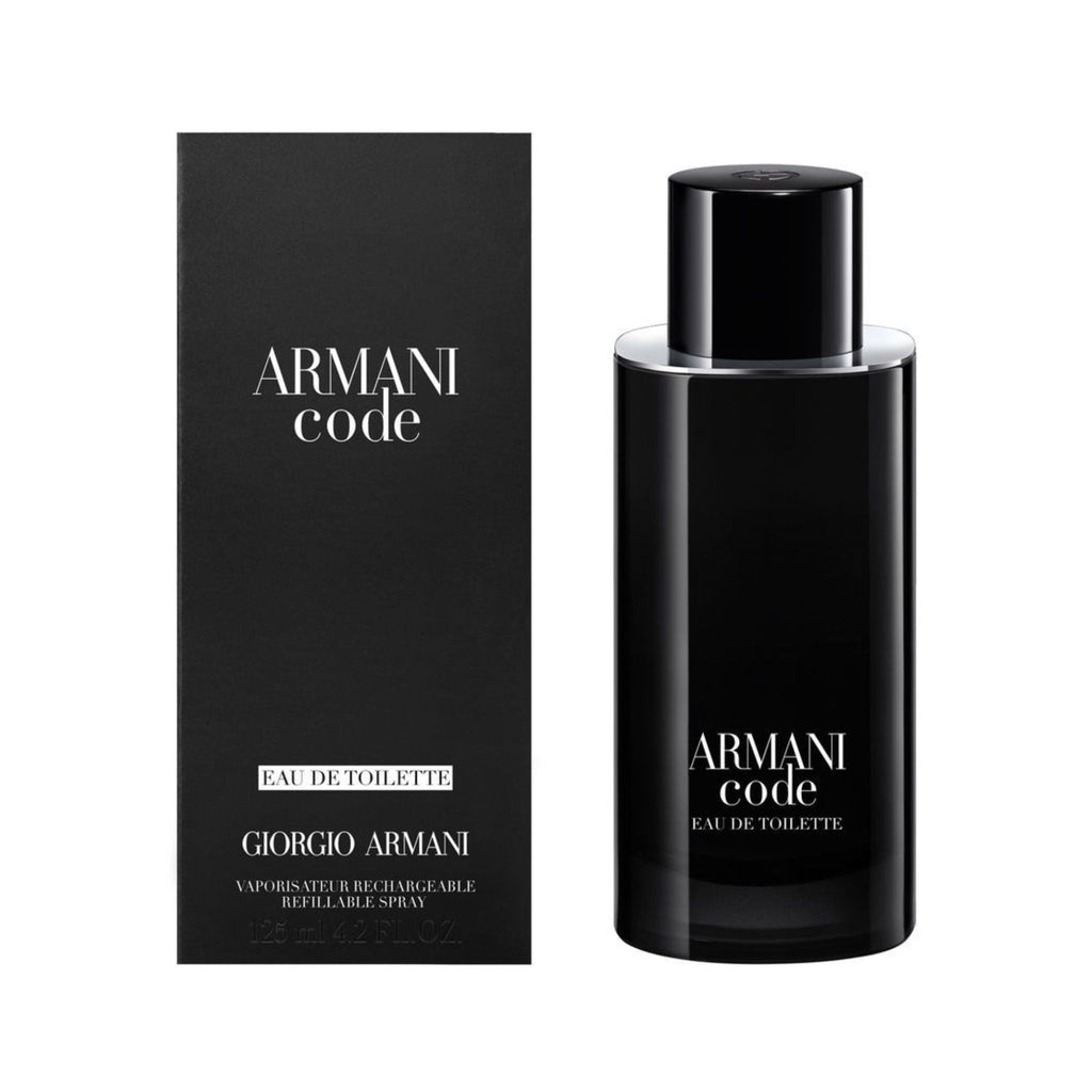 Refect Beauty Giorgio Armani Code Eau de Toilette bottle and black packaging box for a sophisticated masculine scent.