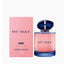 Refect Beauty Giorgio Armani My Way Intense Eau de Parfum bottle and pink box with blue cap and floral scent notes