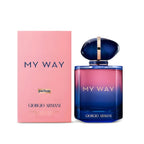 Refect Beauty Giorgio Armani My Way Le Parfum 90ml bottle and pink box featuring floral and woody fragrance notes