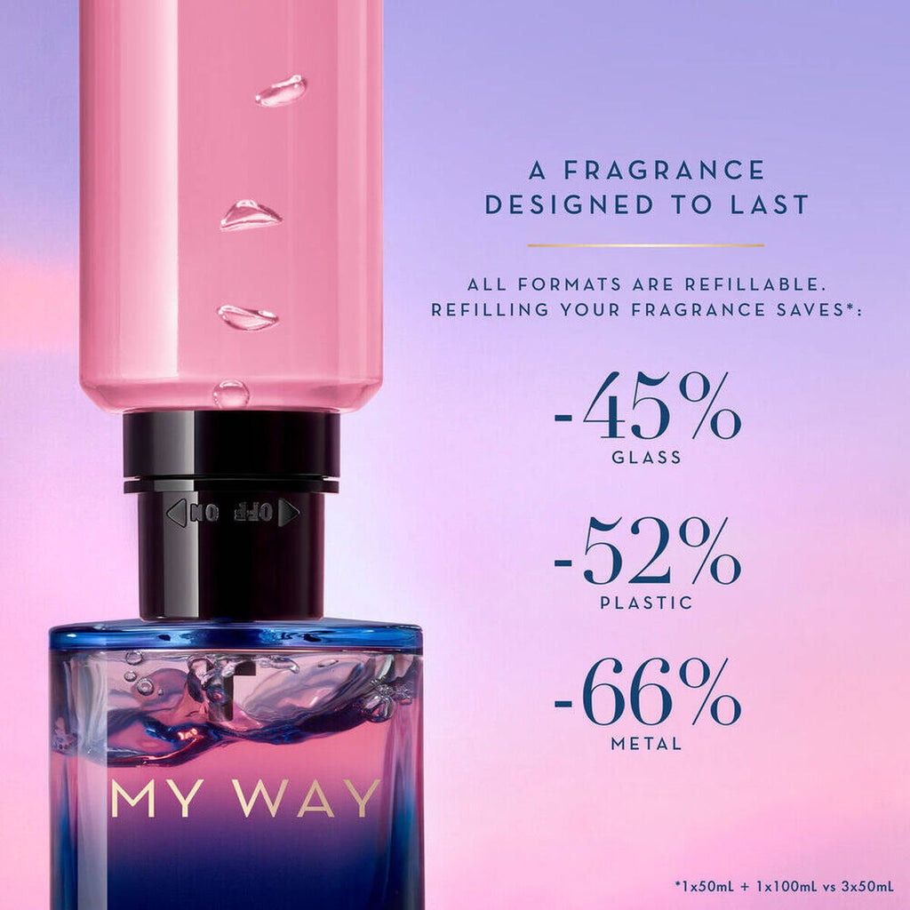 Refect Beauty Giorgio Armani My Way Le Parfum bottle showing refillable glass design and sustainability benefits