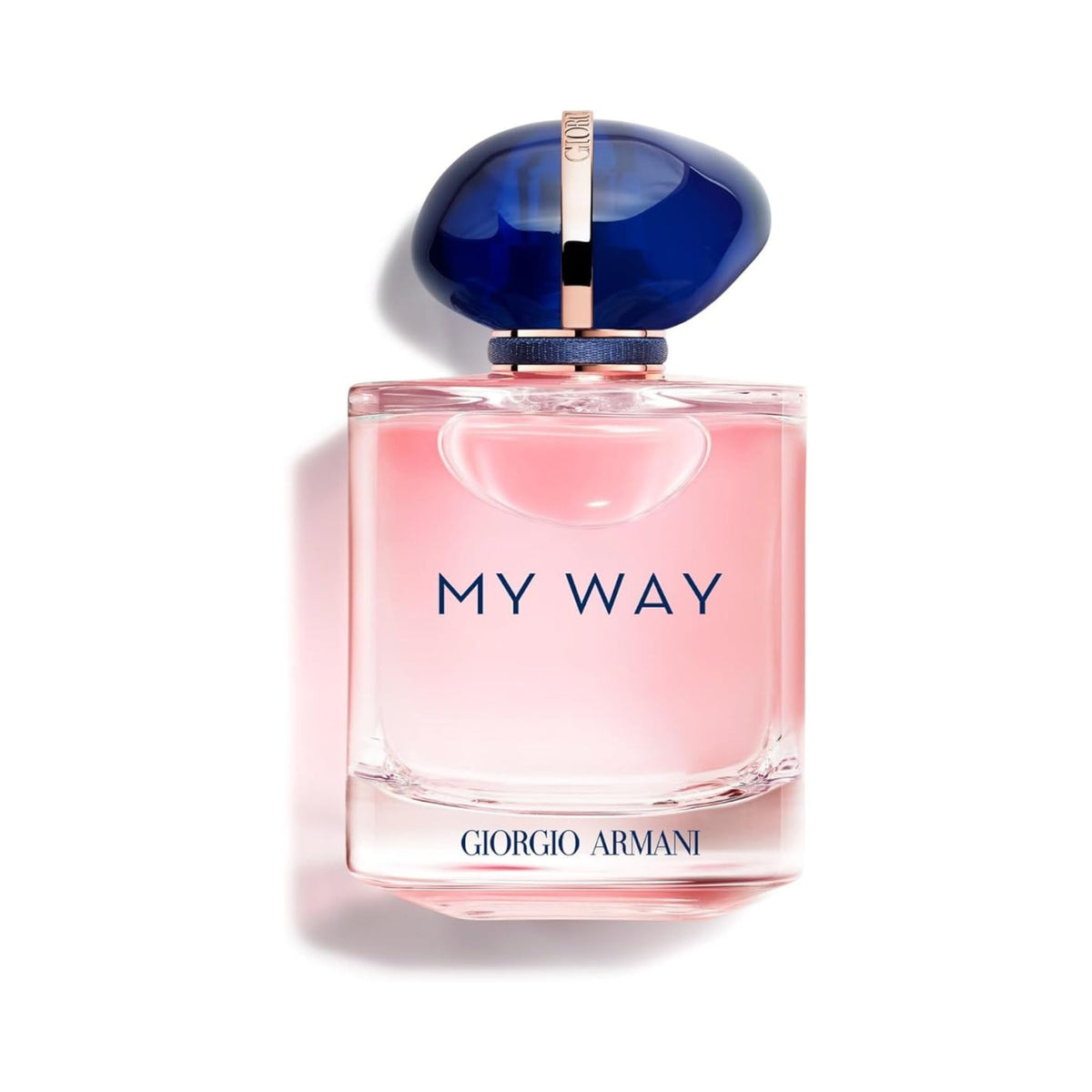 Refect Beauty Giorgio Armani My Way refillable Eau de Parfum in a clear glass bottle with a blue stone-like cap.